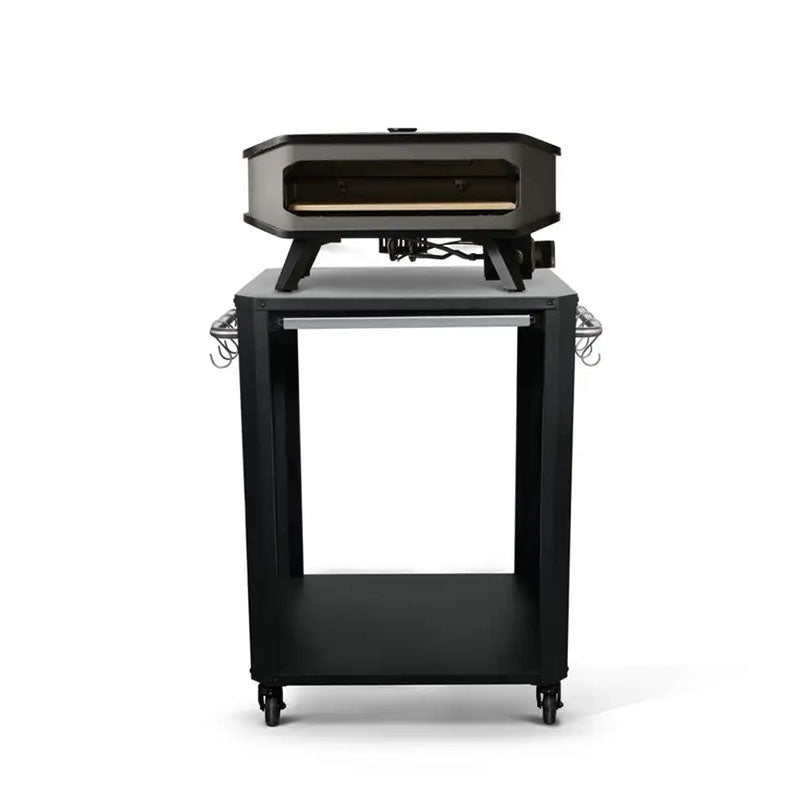 COZZE Outdoor Table With Shelf with Cozze pizza oven on top.