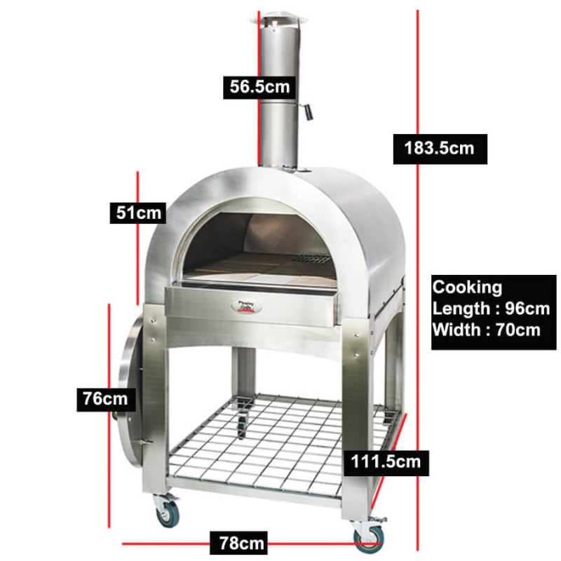Flaming Coals Wood Fired Pizza Oven, large stainless steel, dimensions 